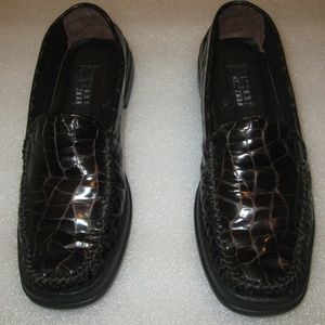 Stuart Weitzman  Black Patent Croc Slip Ons